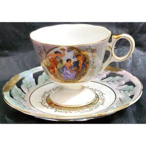LM ROYAL HALSEY Coffee Tea Cup & Saucer w/ pierced luster rim Roman toga cherub